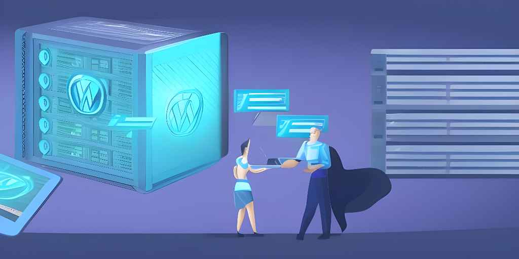 Two people exchange data in front of a large server with the WordPress logo, highlighting WordPress Hosting. Floating digital screens and another server appear in the background, suggesting modern website hosting or management in a tech-focused setting.