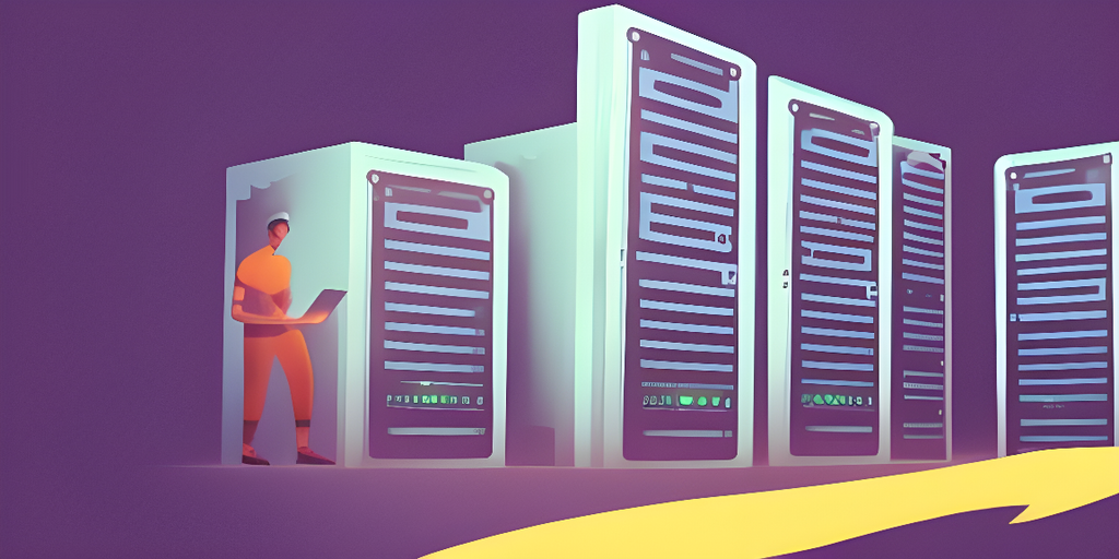 A person holding a laptop stands among large server racks with glowing lights, all set against a purple background and a yellow curved shape in the foreground, capturing the essence of reliable WordPress Hosting.