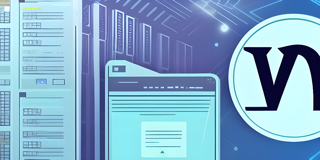 Digital illustration showing abstract data sheets, a tablet displaying a document, and a large symbol with the letter v on a futuristic blue background with circuit-like patterns, evoking advanced WordPress Hosting solutions.