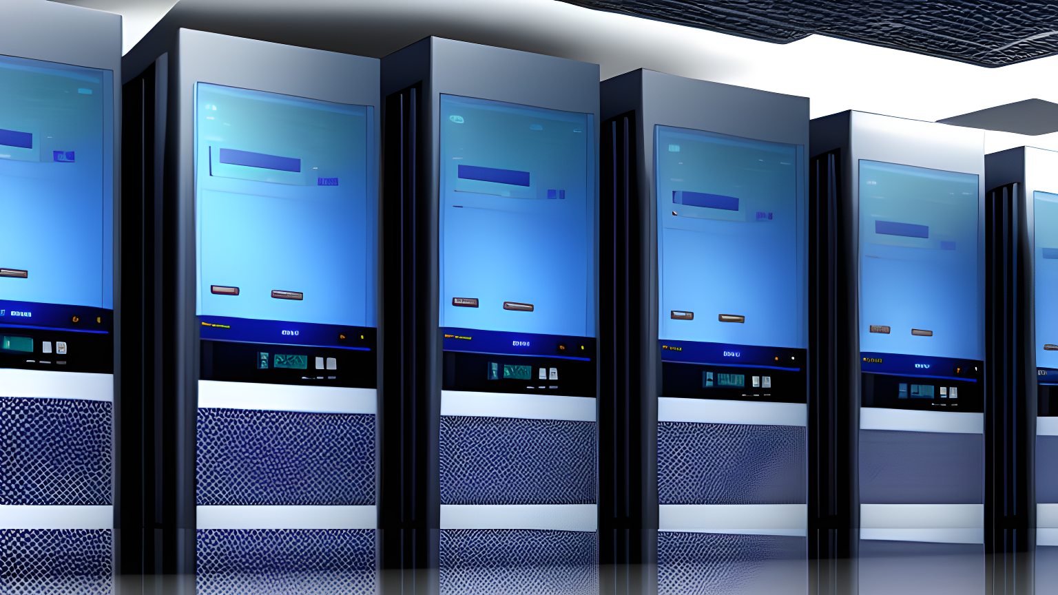 A row of modern, blue-lit server racks stands in a sleek, high-tech data center with reflective floors and digital displays—ideal infrastructure for powerful WordPress Hosting solutions.