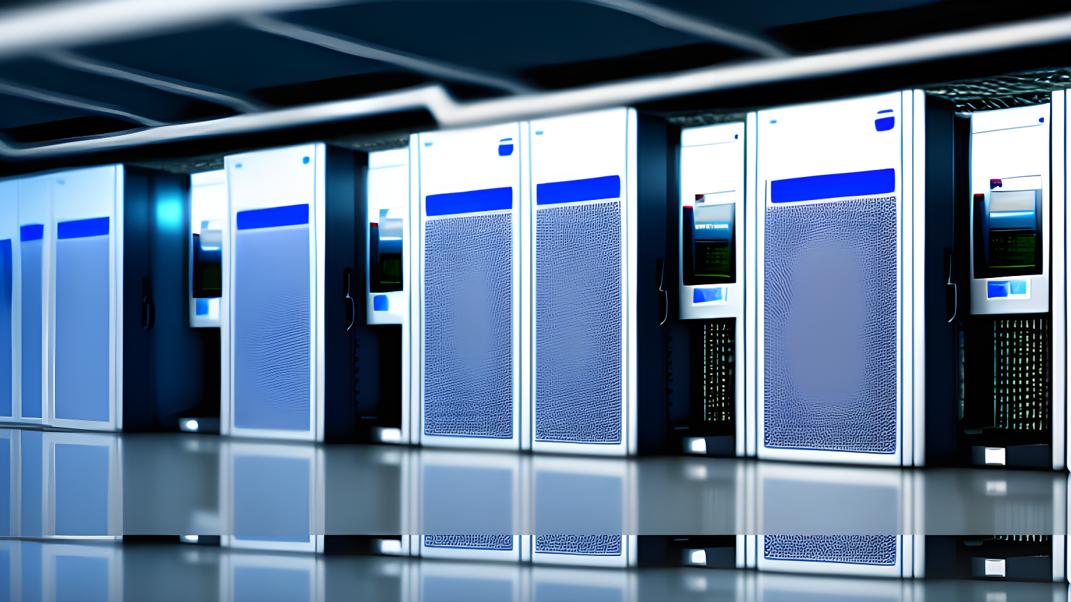 A row of modern, illuminated server racks in a data center showcases high-performance WordPress Hosting, with reflective flooring and visible electronic components inside some of the units.