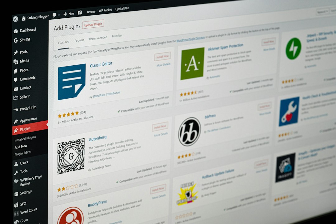A computer screen displays the WordPress dashboard, specifically the “Add Plugins” page, showcasing various plugin options with icons, ratings, and descriptions—ideal for customizing your site with plugins on reliable WordPress Hosting.