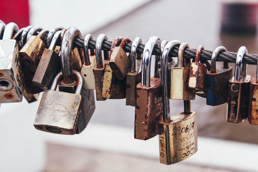 A close-up of several old, rusty padlocks attached to a thick metal cable, symbolizing love locks or security. The background is blurred, much like outdated WordPress Hosting solutions, highlighting the variety and wear of the locks.