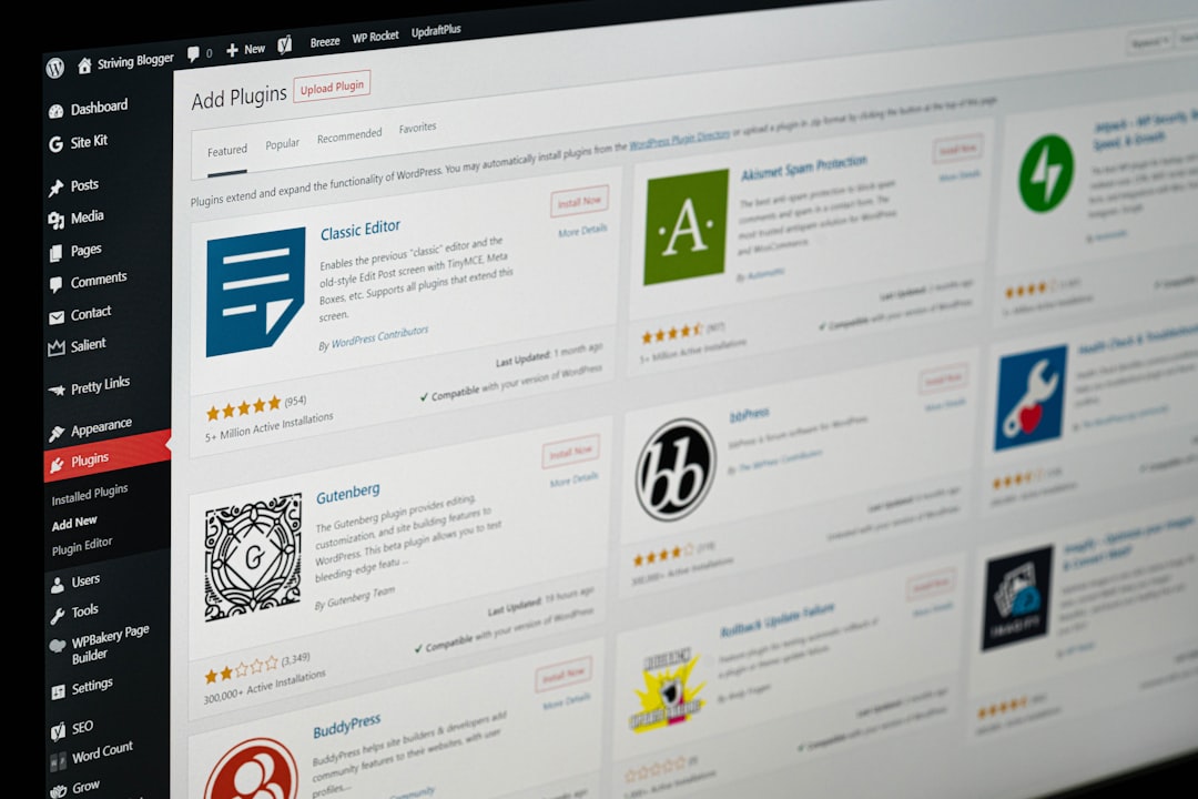 A computer screen displays the WordPress dashboard on the Add Plugins page, showing various plugin options with names, ratings, and install buttons—ideal for those managing sites with reliable WordPress Hosting. The left sidebar menu is visible.