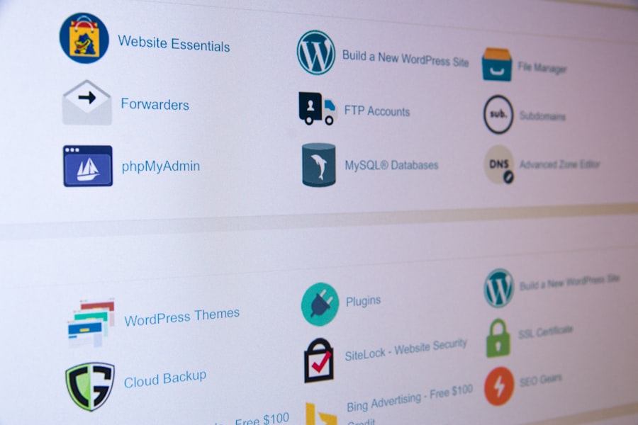A computer screen showing a WordPress Hosting control panel interface with icons and labels for tools like WordPress, FTP accounts, file manager, phpMyAdmin, databases, plugins, and site security options.